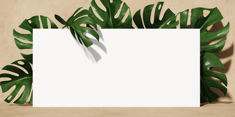 Minimal cosmetic background for product presentation. Tropical green leaves of monstera philodendron with beige background. 3d render illustration. Clipping path of each element included.