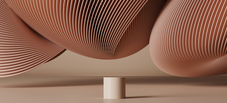 Minimal background for branding and product presentation. Beige subtle circular geometric pattern on beige background. Clipping path of each element included. 3d rendering illustration. 