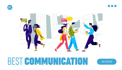 People communicating on walk using smartphones or hurrying up to job. Template landing page
