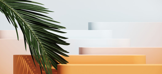 Minimal cosmetic background for product presentation. Gradient color podium and green palm leaf on blue background. 3d render illustration. Object isolate clipping path included. - obrazy, fototapety, plakaty