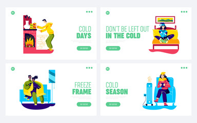 People feeling cold at home. Set of landing pages with cartoon characters warming from seasonal cold