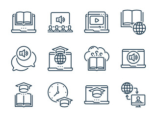 Online Education related vector line icons. E-learning and Remote Learning outline icon set.