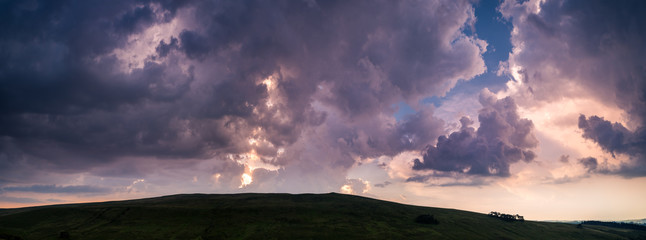 The colors of the sunset. Panorama of Brecon Beacons National Park in Wales.