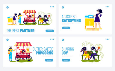 Set of landing pages with people enjoy popcorn. Tasty sweet or salty pop corn snack backgrounds