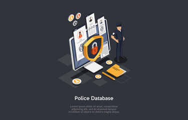 Police Service, Law And Justice, Criminal Concept. The Policeman Protects The Big Screen With Locked Access To Police Database. Security Shield Lock Icon. Colorful 3d Isometric Vector Illustration