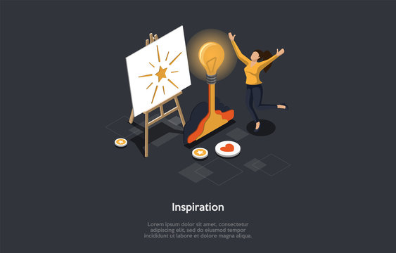 Individual Art Accessories And Artistic Inspiration Concept. An Inspired Artist Runs To Express Her Awesome Idea In Drawing. A Female Character Jumping Of Happiness. 3d Isometric Vector Illustration