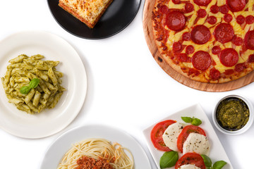 Assortment of Italian pasta dishes isolated on white background