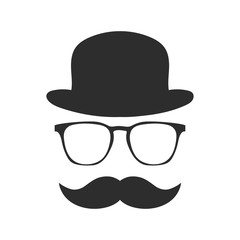 Vintage silhouette of bowler, mustaches, glasses. Vector illustration of gentleman or hipster.