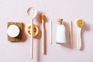 Personal care accessories on the beige table, concept of eco friendly lifestyle