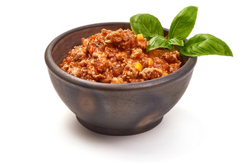 Bolognese sauce in a bowl, isolated on white background