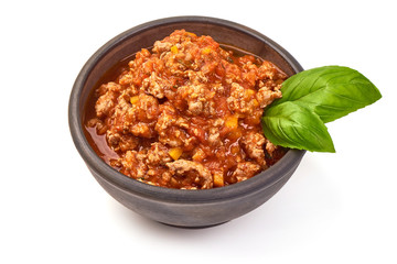 Bolognese sauce in a bowl, isolated on white background