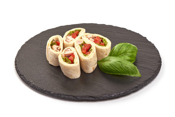 Chicken and vegetables wrapped in a tortilla, isolated on white background