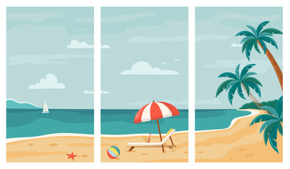Fototapeta na wymiar Vector set of summer beach background. Tropical seashore with palm trees, beach lounger and umbrella. For banners, posters, cover design templates, social media stories wallpapers. Seaside landscape