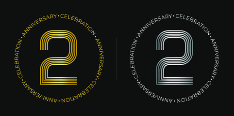 2th birthday.Two years anniversary celebration banner in golden and silver colors. Circular logo with original numbers design in elegant lines.