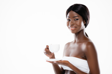 african american woman with cup of coffee isolated on white