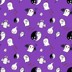 Halloween doodle cute white ghost spooky cartoon seamless pattern purple violet background.