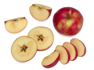 Set of fresh whole and cut apple and slices isolated on white background. From top view