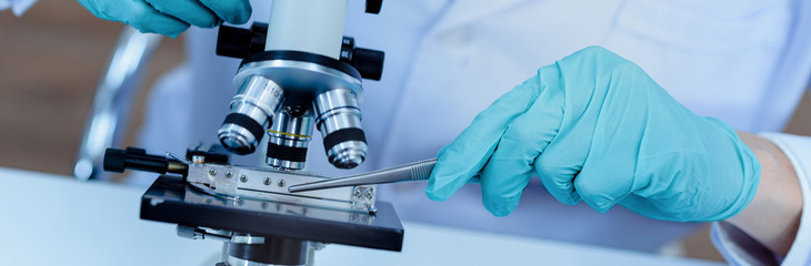 DNA research and development  examination in the laboratory Modern medical biotechnology.double exposure
