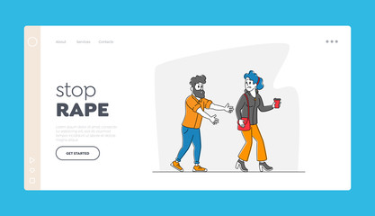Sexual Harassment, Assault, Exaction Landing Page Template. Woman Walk with Cup of Coffee, Grinning Male Character - obrazy, fototapety, plakaty