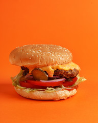 delicious burger on an orange background. Fastfood.