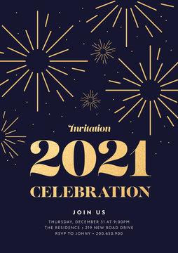 2021 New Year Party, Event Invitation Card. Golden Typography Elegant Design Template. 2021 NYE Luxury Champagne Party Invitation. Luxury Christmas Greeting Card. 2021 Vector Banner Golden Fireworks.