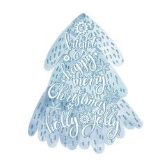 Christmas tree with holiday wishes. Watercolor, isolated element on white. Hand-drawn illustration for greeting cards, posters, banners, placards , invitations,cover design templates.