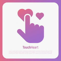 Human hand is pushing on heart, love symbol for wedding, valentine's day. Hand gesture. Thin line vector illustration.
