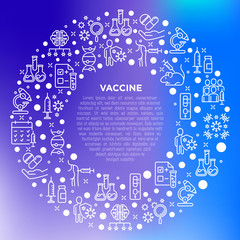 Vaccine concept in circle with thin line icons: syringe and ampoule, laboratory test, immune system, injection in forearm, covid-19 test, vaccine trials, ai investigates virus. Vector illustration.