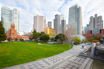 Yerba Buena Gardens and downtown city skyline of San Francisco