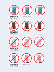 Set of stickers. Crossed out hand icon with a phone. The concept of ban devices, free zone devices, digital detox. Blank for sticker. Isolated. Vector.