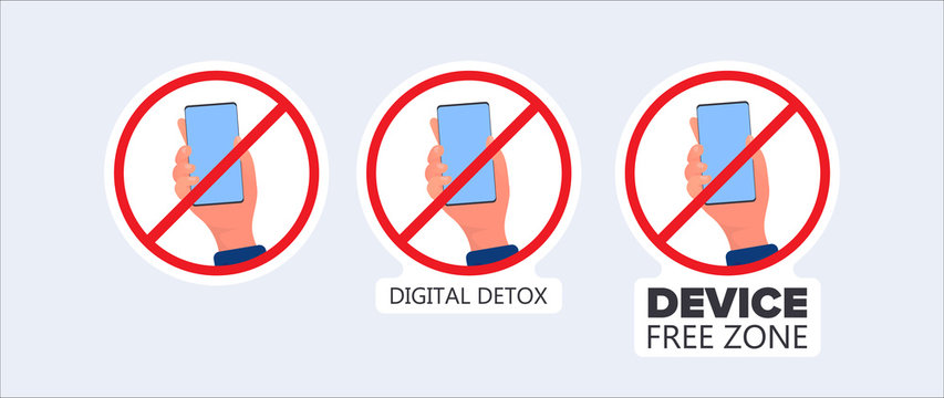 Set of stickers. Crossed out hand icon with a phone. The concept of ban devices, free zone devices, digital detox. Blank for sticker. Isolated. Vector.