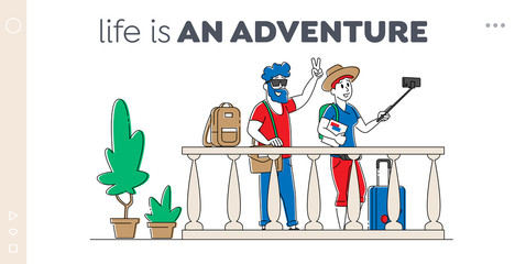 Characters with Cellphone Make Selfie Enjoy Relationship at Trip Page Template. Man and Woman Tourists with Mobile Phone