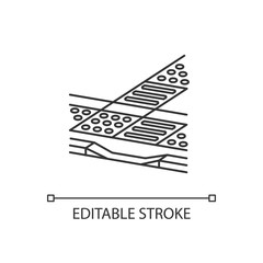 Tactile guidance linear icon. Tenji blocks. Truncated domes. Detectable warning surfaces. Thin line customizable illustration. Contour symbol. Vector isolated outline drawing. Editable stroke