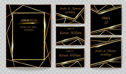 Invitation or greeting card and business card with gold geometrical frames and transparent light effects. Golden brilliants elements isolated on background