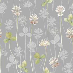 Clover. Seamless pattern on grey. Art floral background. Silhouettes, Line art and Watercolor.