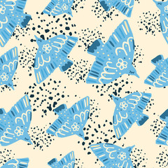 Random seamless bright pattern with bird silhouettes. Blue birds on light background with splashes. Nature backdrop.