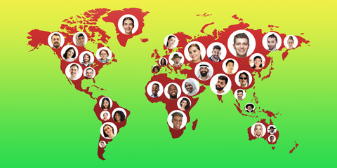World global cartography - Earth international concept, connecting people all around the world. Avatars, portraits of different people. Diversion, inclusion. Nationalities, social media, unity and