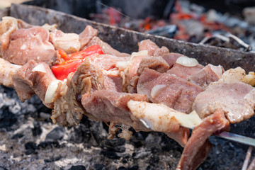 Mtsvadi, grill on the coals with smoke, barbecue