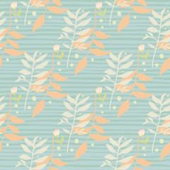 Hand drawn seamless pattern with forest doodle branch silhouettes. Blue stripped background with white and light orange botanic elements.