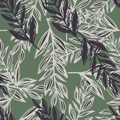 Fototapeta na wymiar Hand drawn doodle branches silhouettes seamless pattern. Foliage outline ornament in white and navy blue colors on green background.