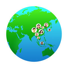 World global cartography - Earth international concept, connecting people all around the world. Avatars, portraits of different people live in Asia. Nationalities, social media, unity and friendship.