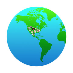 World global cartography - Earth international concept, connecting people all around the world. Avatars, portraits of different people live in North America. Nationalities, social media, unity and