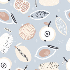 Seamless pattern with hand drawn tropical fruits. Abstract summer fruit background. Vector texture great for fabric and textile, wallpapers, wrapping, backgrounds.. Vector illustration.