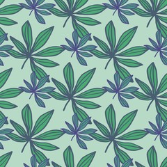 Geometric marijuana doodle seamless pattern. Hand drawn drug ornament and background in green and blue tones.