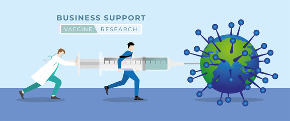 Vaccine research. Business support medical concept. Businessman helping the doctor inject vaccine to the world that infect virus by the big syringe. Try to loading vaccine for immunity.