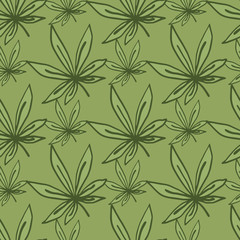 Fototapeta na wymiar Floral seamless doodle pattern with hand drawn sheet leafs. Marijuana contoured elements and background in green colors.