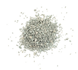 Gray small rocks ground texture isolated white background. black small road stone. gravel pebbles stone seamless texture. dark background of crushed granite gravel, close up. clumping clay
