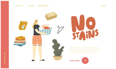 Homework Activity Process, Household Chores Landing Page Template. Housewife Character Holding Basin with Clothes