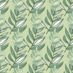 Hand drawn seamless pattern with abstract contoured foliage. Artwork in green pastel tones.