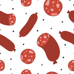 Hand drawn seamless pattern on the theme of National Salami Day on September 7. Decorated with a handwritten inscription and Salami and pepper.